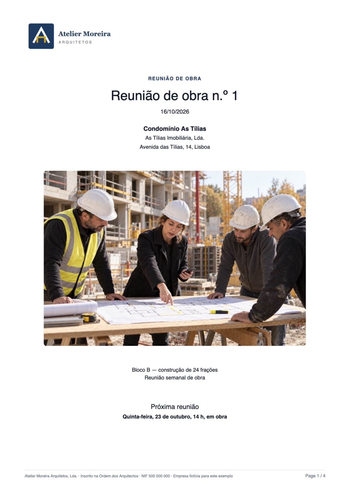 Capa: logótipo da empresa, título, projeto, fotografia e próxima reunião