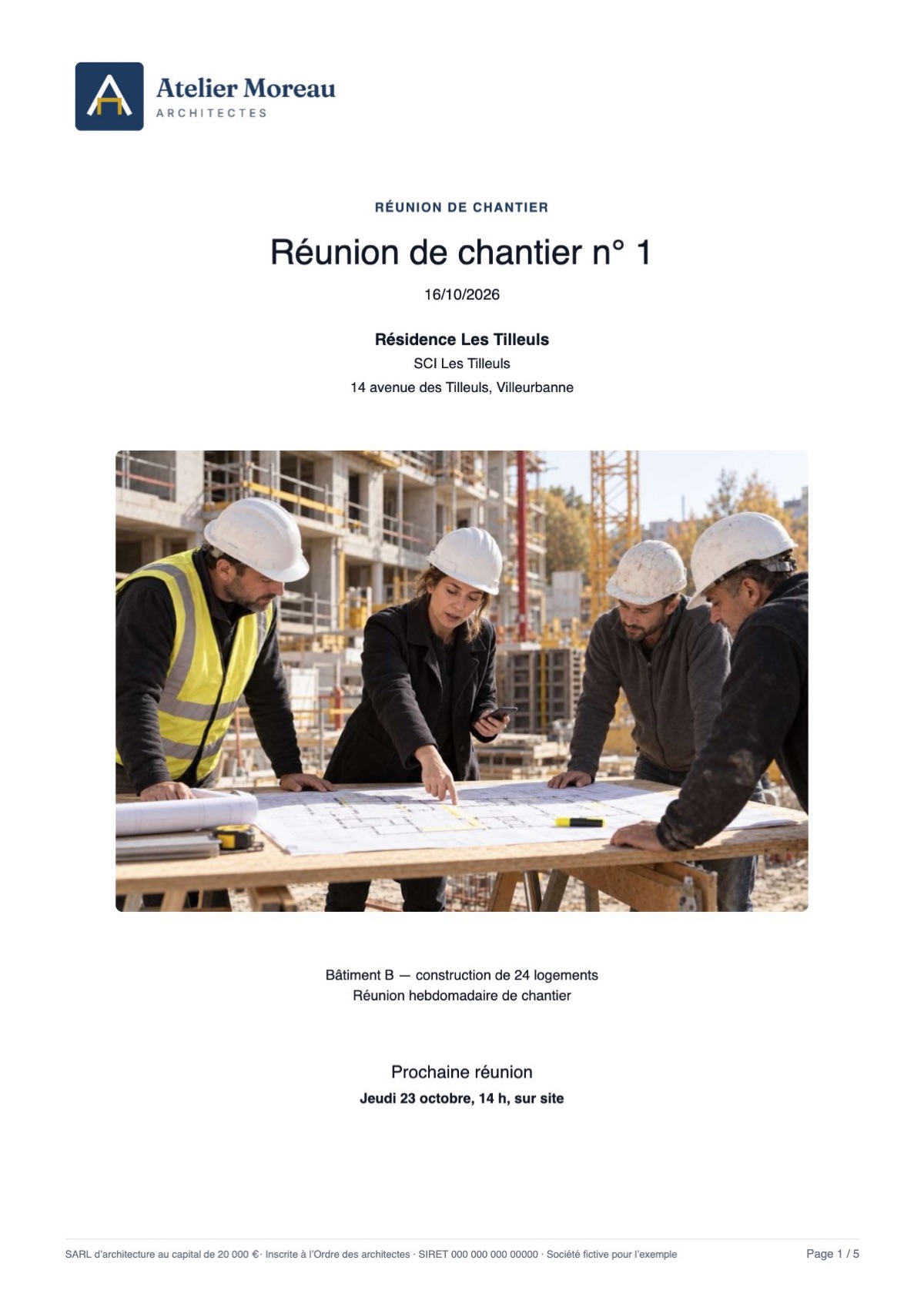 Page de garde : logo de l’entreprise, titre, affaire, photo et prochaine réunion