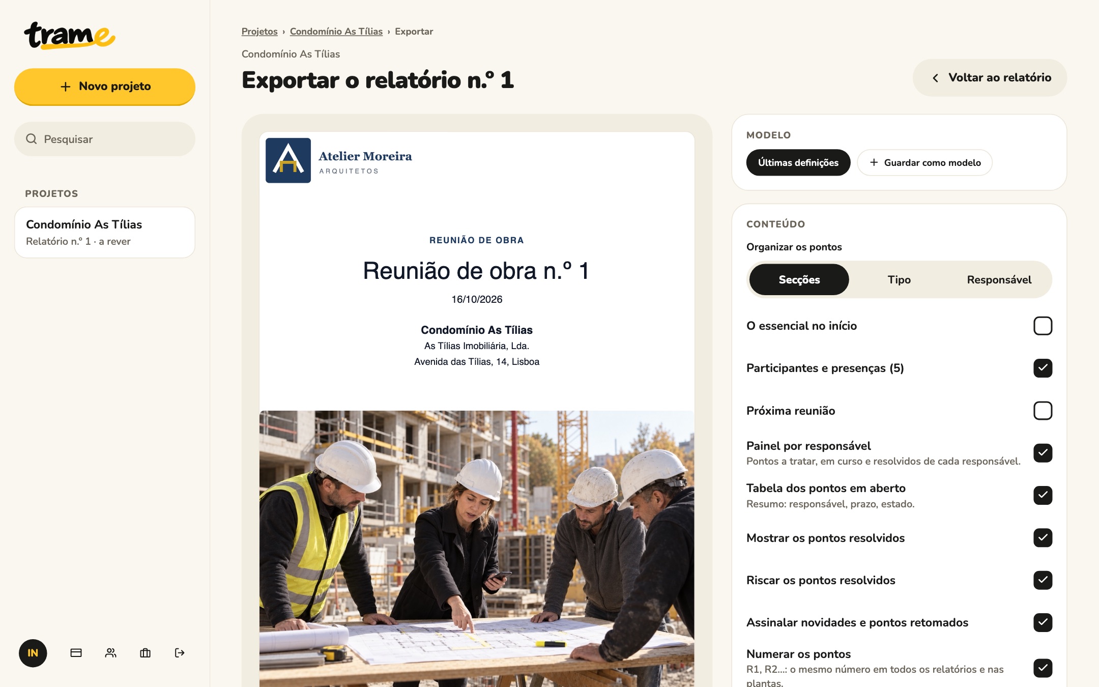 Exportação do relatório no navegador: pré-visualização do PDF e definições