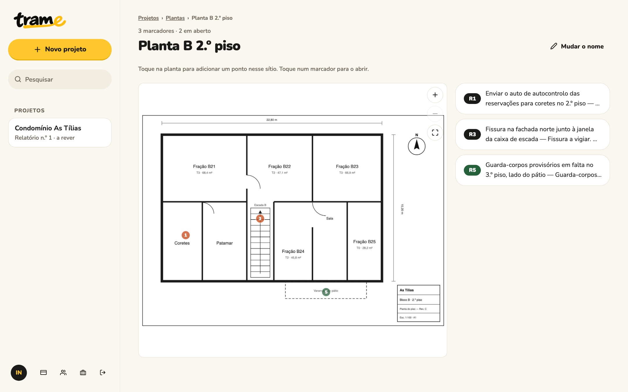Planta do piso do bloco B com as marcações 14, 15 e 16