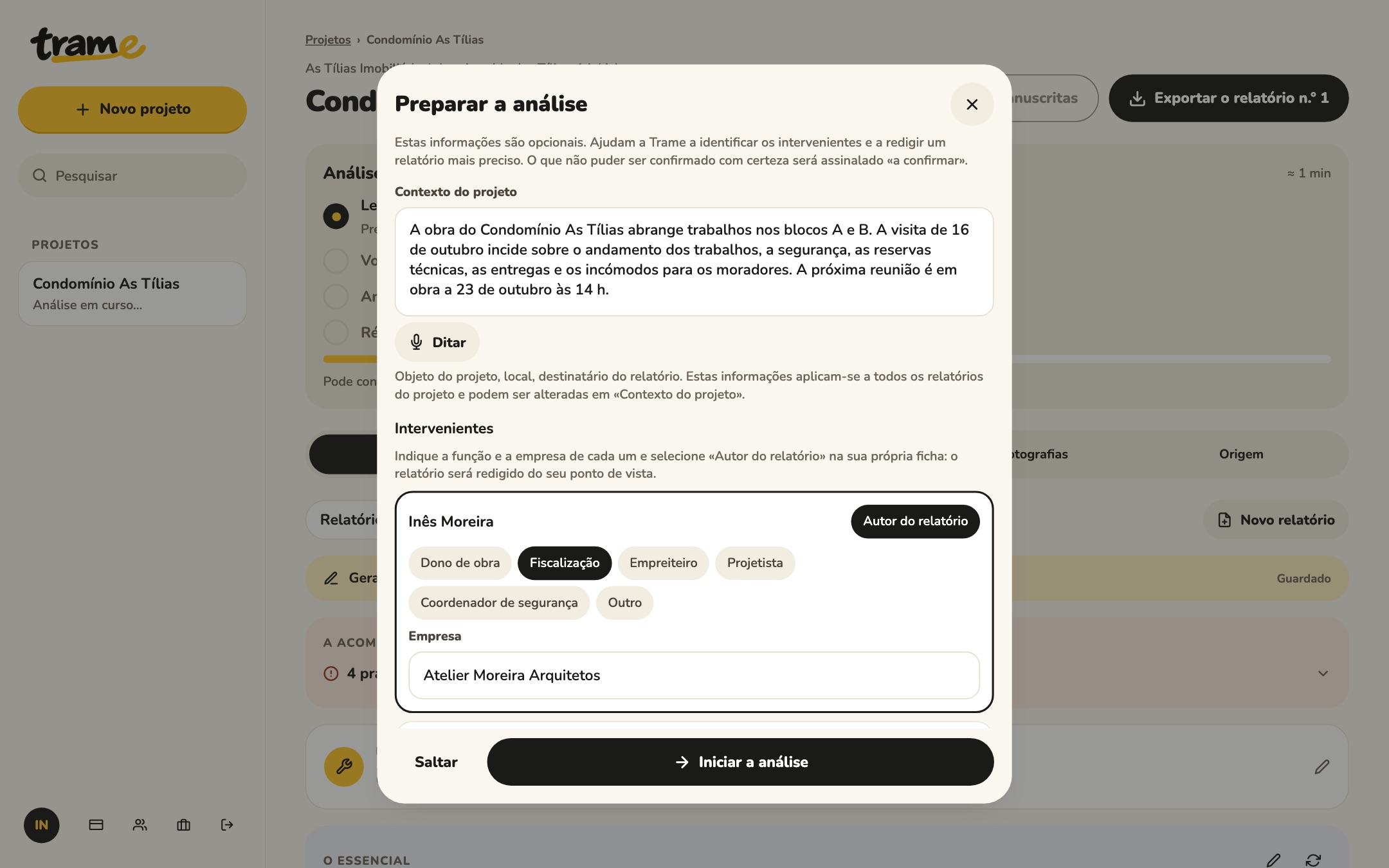 Janela Preparar a análise: contexto proposto e funções dos intervenientes