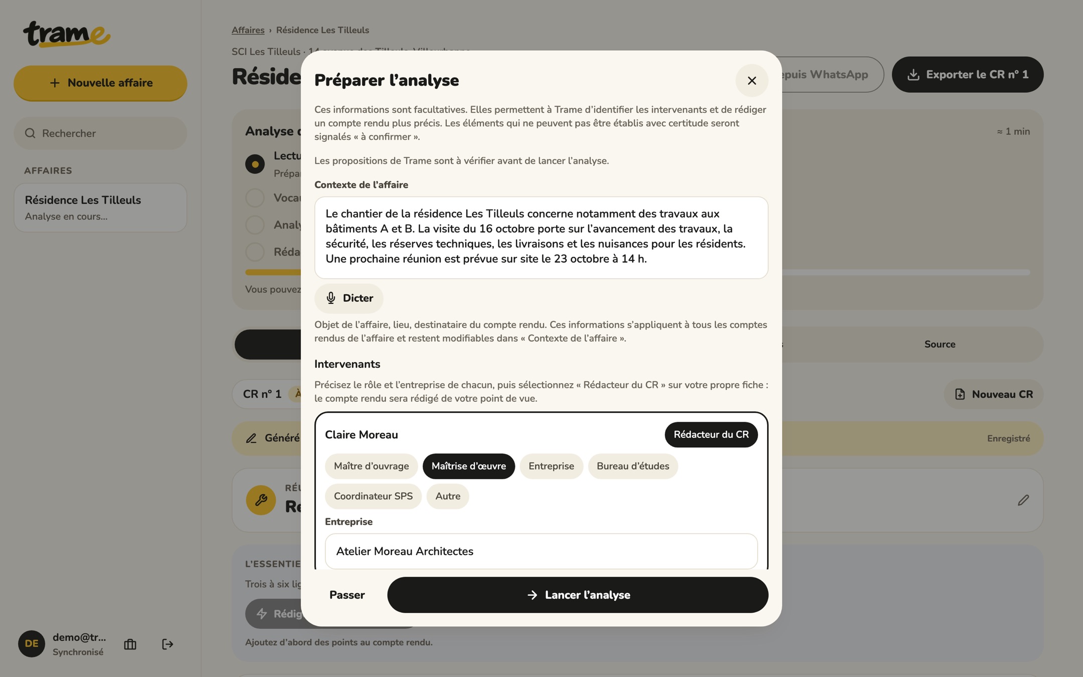 Fenêtre Préparer l’analyse : contexte proposé et rôles des intervenants