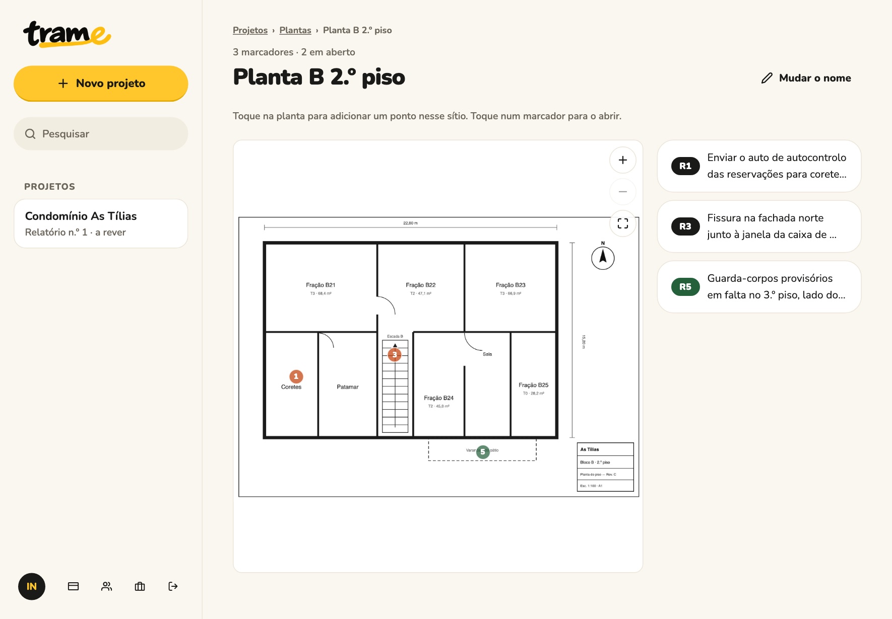 Planta B 2.º piso com três marcações na Trame num tablet